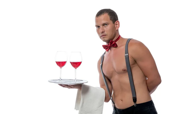 Muscular waiter with drinks for women isolated — Stock Photo, Image