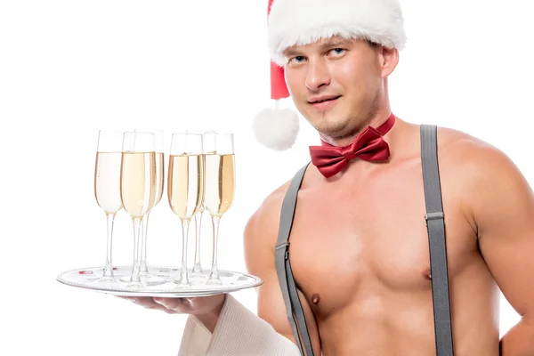 Stripper garçom com champanhe em um fundo branco — Fotografia de Stock