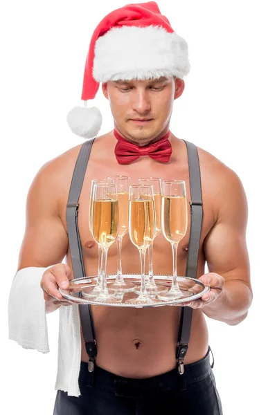 Six of glasses of champagne out of focus on the tray the waiter — Stock Photo, Image