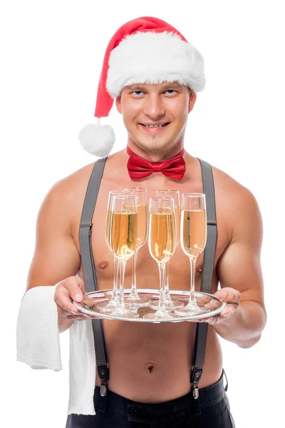 Glad strippa som en servitör med champagne — Stockfoto