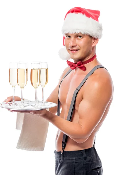 Camarero con copas de champán en un sombrero de Navidad —  Fotos de Stock