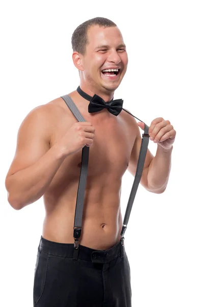Stripper rindo estende suspensórios em um fundo branco — Fotografia de Stock