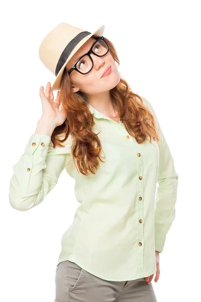 Portrait vertical de fille élégante dans un chapeau sur un fond blanc — Photo