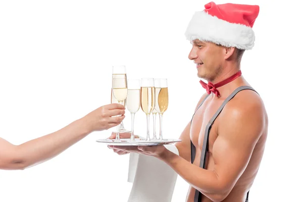 Ženská ruka vezme sklenku šampaňského z podnosu — Stock fotografie