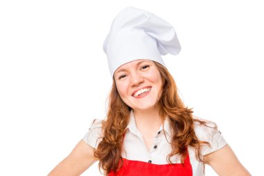 Bir kap beyaz bir arka plan üzerinde mutlu bir şef portresi