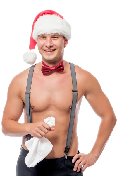 Camarero stripper en un gorro de Santa Claus con una servilleta en blanco b —  Fotos de Stock