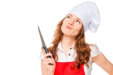 Beyaz zemin üzerinde bir bıçakla dalgın Şef 
