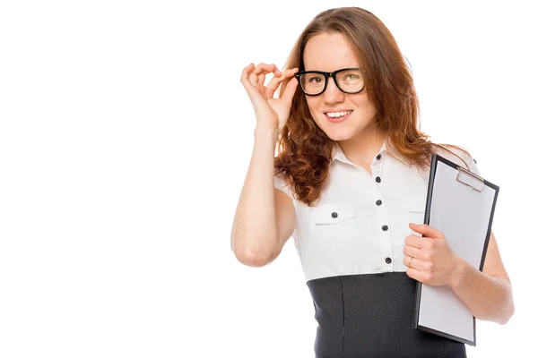 Beautiful girl corrects by hand glasses portrait on white backgr — Stock Photo, Image