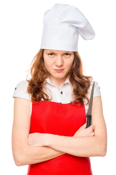 Chef irritado com uma faca afiada em um fundo branco — Fotografia de Stock