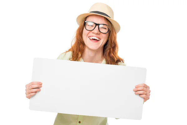 Menina rindo com um cartaz para uma inscrição isolada no branco — Fotografia de Stock