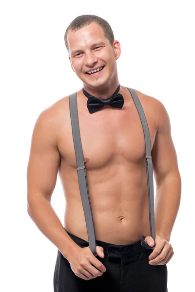 Porträtt av skrattande kille med en naken torso isolerad på vit ba — Stockfoto