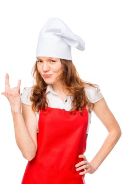 Kız bir kap ve önlük el hareketi üzerinde beyaz bir backgrou gösterilen