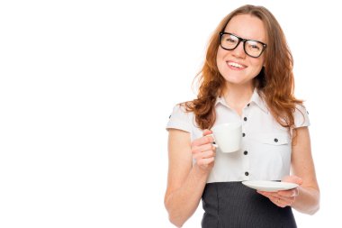 ofis çalışanı ile bir fincan kahve, sol alan olması bir beyaz backgr