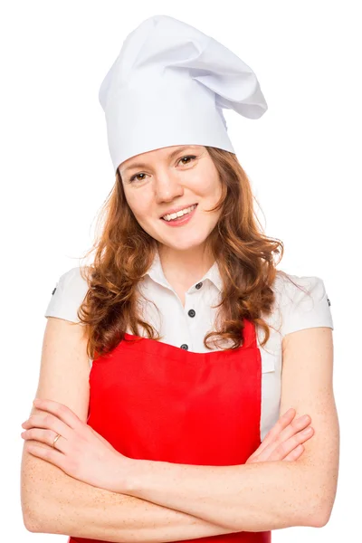 Retrato de um chef feliz e bem sucedido em um fundo branco é — Fotografia de Stock