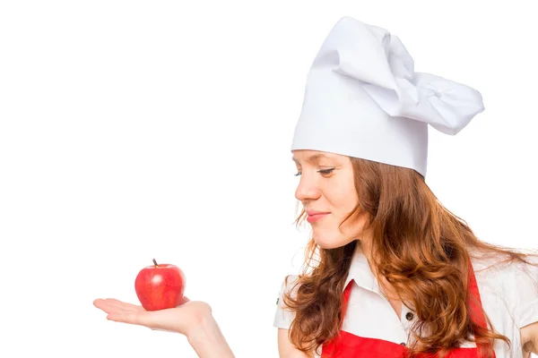 Chef e maçã vermelha em um fundo branco isolado — Fotografia de Stock