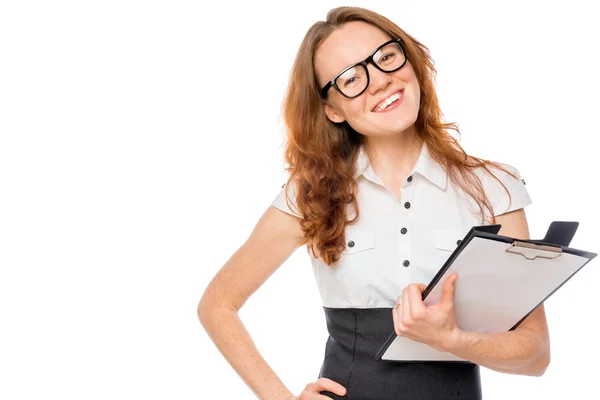 Exitosa mujer de negocios con carpeta posando sobre un fondo blanco —  Fotos de Stock