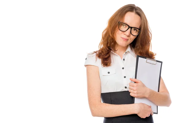 Businesswoman with folders and space for inscription on the left — Stock Photo, Image
