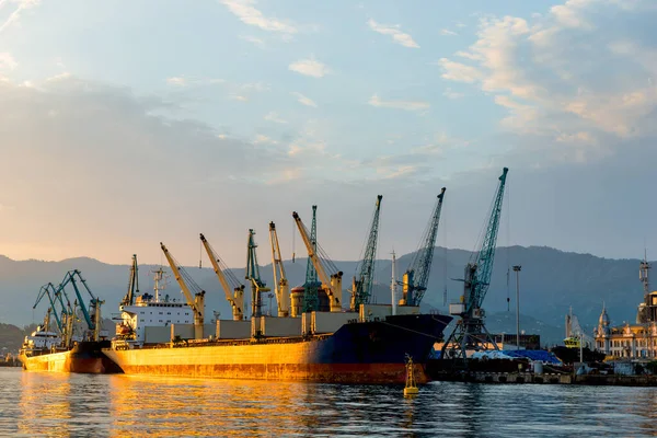 Zicht Laadkranen Zeehaven Bij Zonsondergang Batumi Georgië — Stockfoto