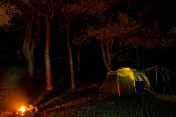 Eld Och Tält Camping Vandring Och Rekreation Koncept Weekend — Stockfoto