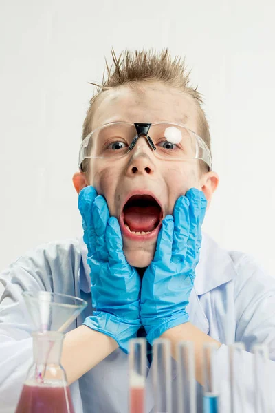 Funny Boy Dressed Chemist Dirty Face Failed Experiment — Stock Photo, Image