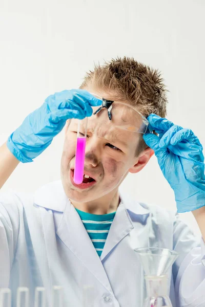 Funny Boy Dressed Chemist Dirty Face Failed Experiment — Stock Photo, Image