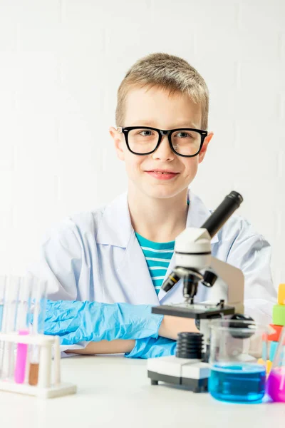 Schoolboy Microscope Examines Chemicals Test Tubes Conducts Experiments Portrait White — Stock Photo, Image
