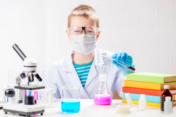 Schoolboy Microscope Book Examines Chemicals Test Tubes Conducts Experiments Portrait — Stock Photo, Image