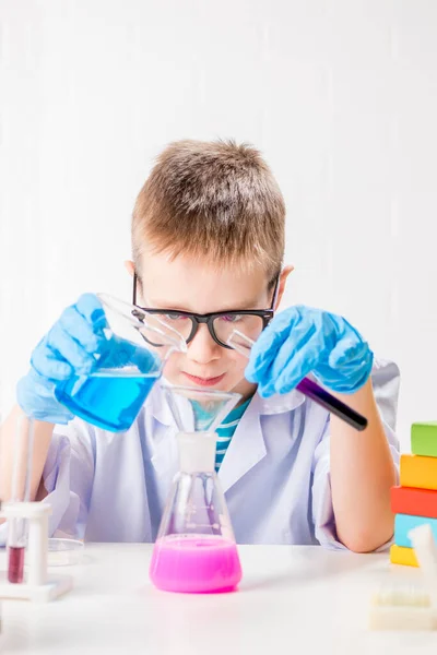 Schoolboy Studies Multi Colored Substances Test Tubes Conducts Experiments Portrait — Stock Photo, Image