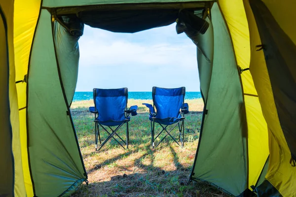 Sea View Chairs Camping Tent Concept Vacation Camping Relaxation — Stock Photo, Image