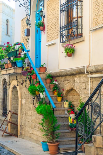 Vintage Balcón Ahd Escalera Con Flores Colores Puerta — Foto de Stock