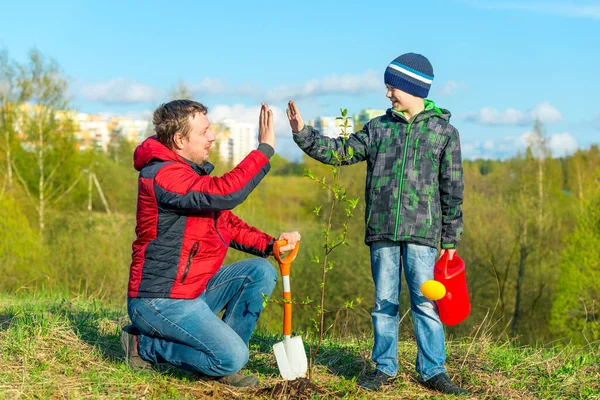 Ojciec Syn Uczniem Wiosną Roślin Drzewa Strzelać Koncepcji Parku Rodziny — Zdjęcie stockowe