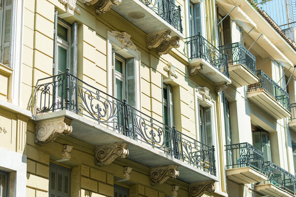 Close-up view of balconies. These are the old balconies of a residential building