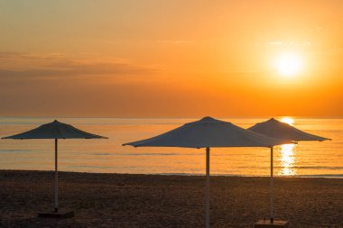 Sabahları kumsalda kumlu bir sahilde sıralanmış şemsiyeler.