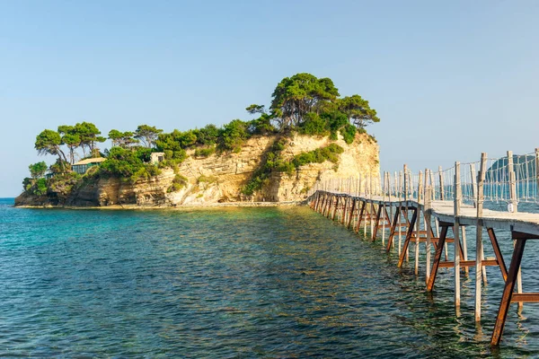 Pohled Dřevěný Most Ostrov Agios Sostis Zakynthos Royalty Free Stock Obrázky