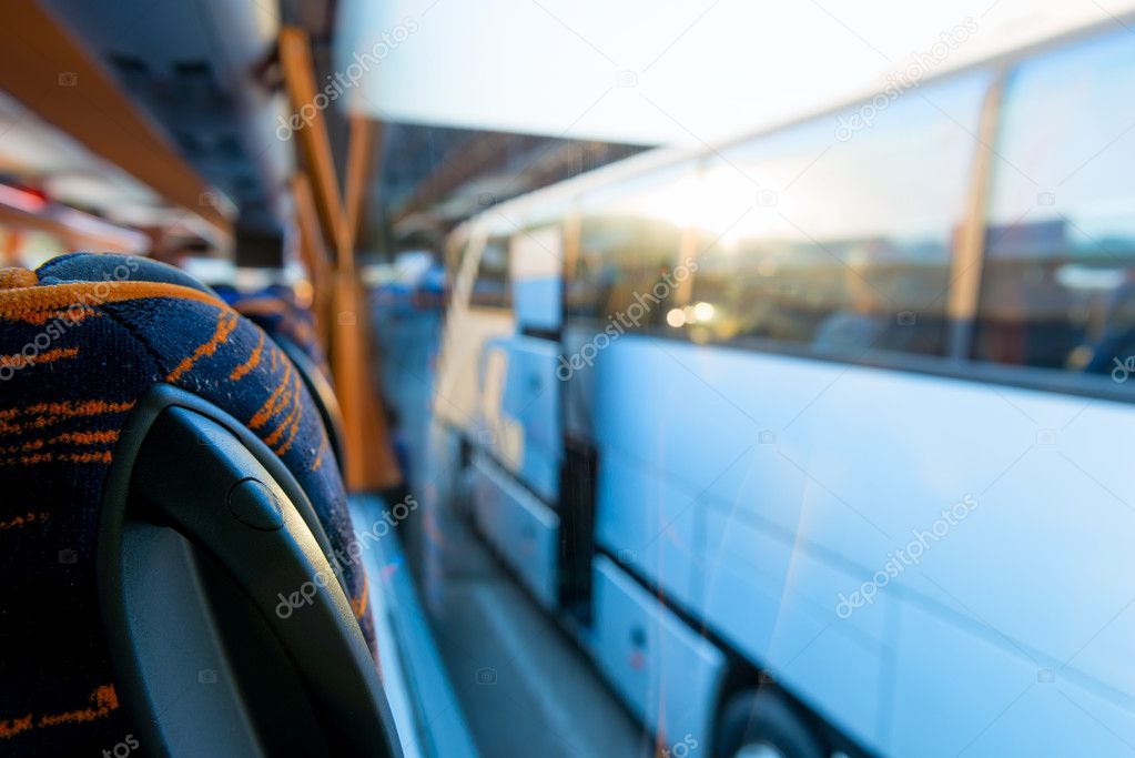 view of the tourist bus through the window