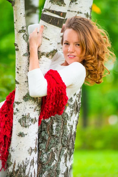 Schönes Mädchen posiert im Park zwischen den Birken — Stockfoto