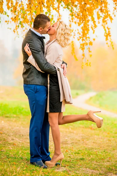 A loving couple kissing in autumn park — Stock Photo, Image