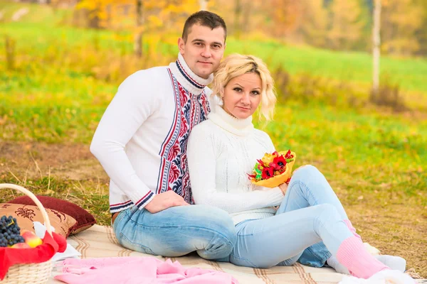 Menina e seu homem em um piquenique com uma cesta de frutas — Fotografia de Stock