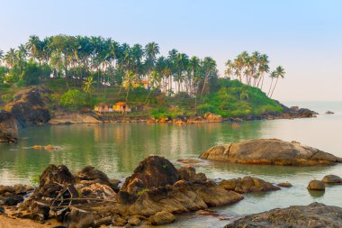 Deniz ve uzun palmiye ağaçları büyük kayalar