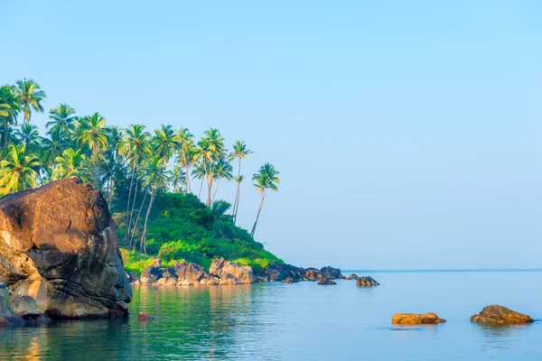 Un grand rocher dans une mer calme et des palmiers — Photo