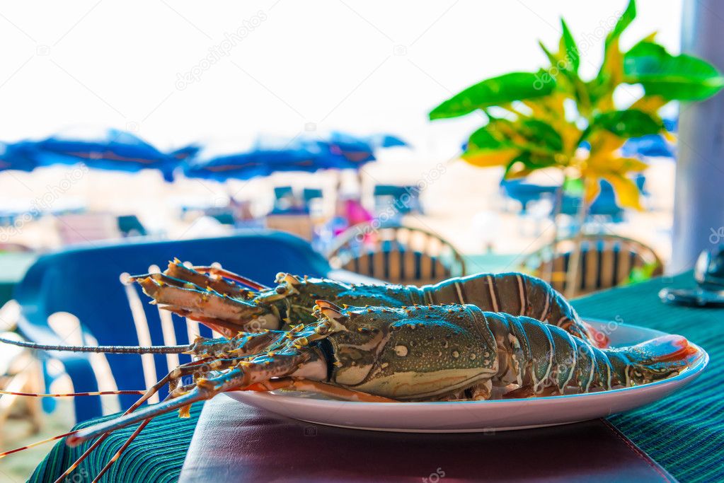 large lobsters on a plate in a cafe on the beach