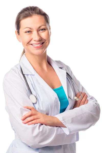 Happy sure of himself woman doctor isolated — Stock Photo, Image