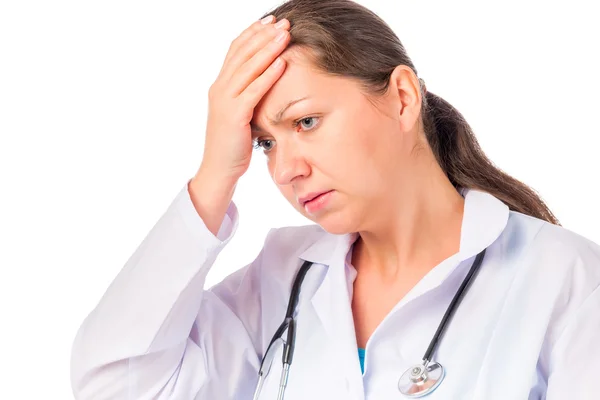 Woman Doctor with a headache on a white background — Stock Photo, Image