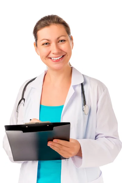 Doctor with a beautiful smile and recipes — Stock Photo, Image