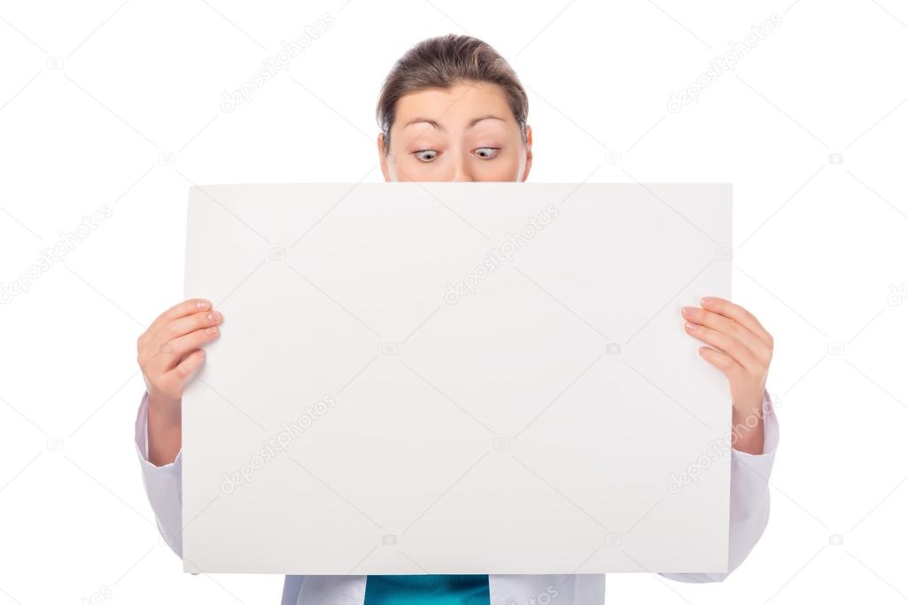 woman with a poster looking down isolated on white background