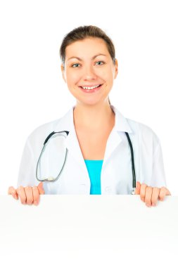 Portrait of a doctor with a large white poster for inscriptions