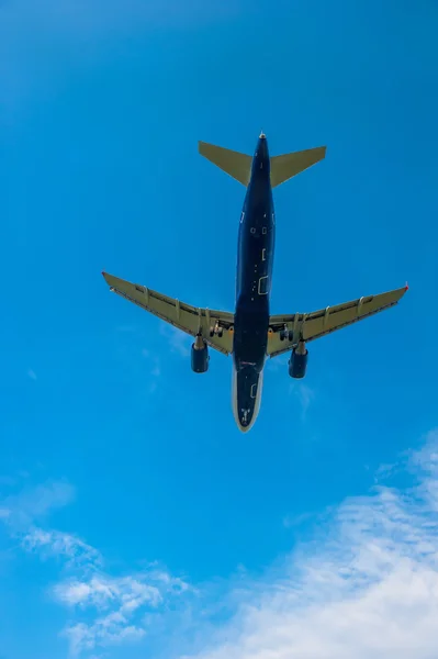 Vertical picture of a flying airplane in the sky — Stok fotoğraf