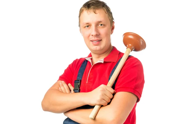 Male worker in overalls with a plunger — ストック写真