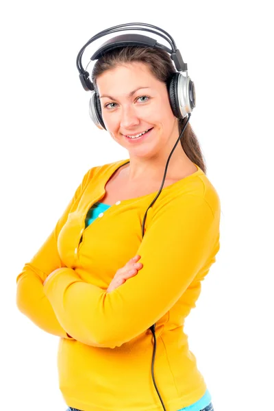 Morena sobre fondo blanco con auriculares —  Fotos de Stock