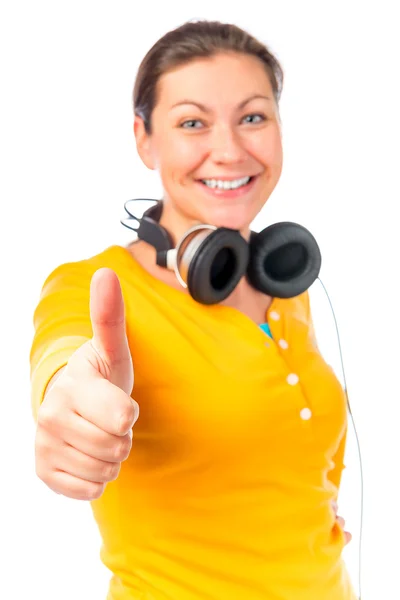Portrait of happy girl with headphones on white background — Stok fotoğraf